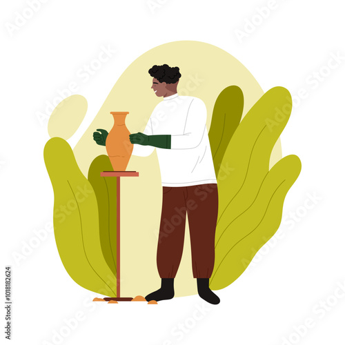 Man making clay pot, craftsman sculpting ceramic vase in diy craft workshop vector illustration