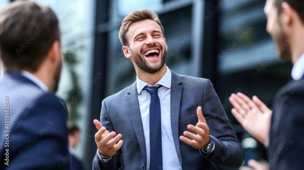 A man in a suit laughs heartily while chatting with colleagues outdoors. The group enjoys a moment of connection and humor under clear blue skies during a professional event A man in a suit laughs heartily while chatting with colleagues outdoors. The group enjoys a moment of connection and humor under clear blue skies during a professional event