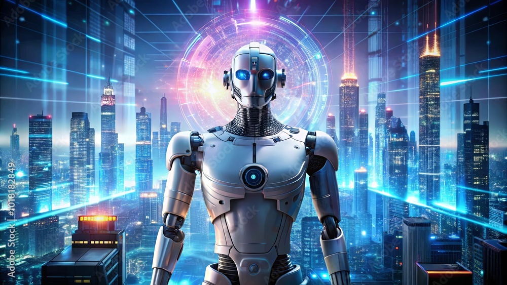 A futuristic robot stands tall against a glowing cityscape, surrounded by a ring of digital energy, embodying technological advancement and the possibilities of an artificial future. A futuristic robot stands tall against a glowing cityscape, surrounded by a ring of digital energy, embodying technological advancement and the possibilities of an artificial future.
