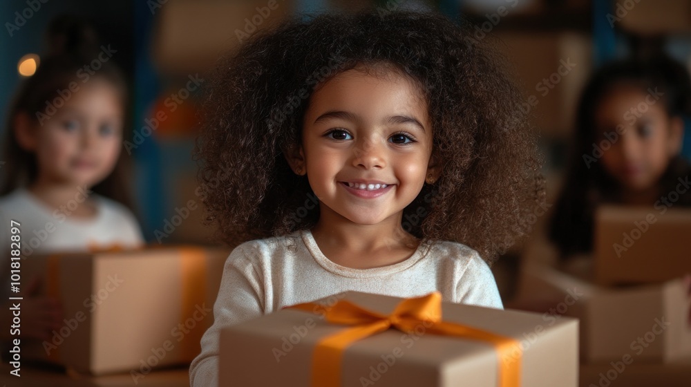 Children opening presents on Christmas morning, capturing the excitement and magic of the holiday season Children opening presents on Christmas morning, capturing the excitement and magic of the holiday season