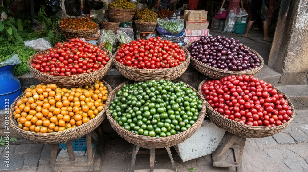 A variety of freshly harvested fruits, including oranges, limes, and tomatoes, are arranged in woven baskets at a lively market, inviting visitors to explore and shop A variety of freshly harvested fruits, including oranges, limes, and tomatoes, are arranged in woven baskets at a lively market, inviting visitors to explore and shop