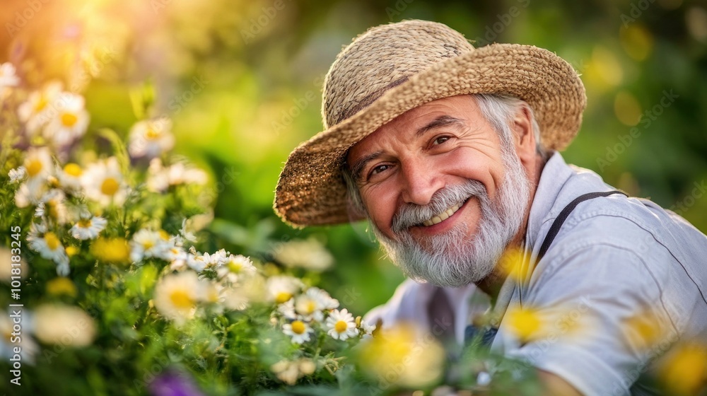 An elderly man with a gray beard enjoys his time in a garden full of blooming flowers, wearing a straw hat and smiling under the warm sunlight during spring An elderly man with a gray beard enjoys his time in a garden full of blooming flowers, wearing a straw hat and smiling under the warm sunlight during spring