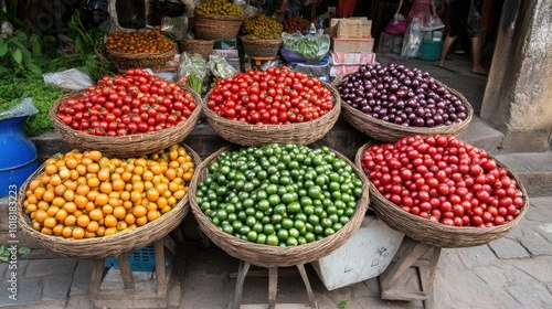 A variety of freshly harvested fruits, including oranges, limes, and tomatoes, are arranged in woven baskets at a lively market, inviting visitors to explore and shop