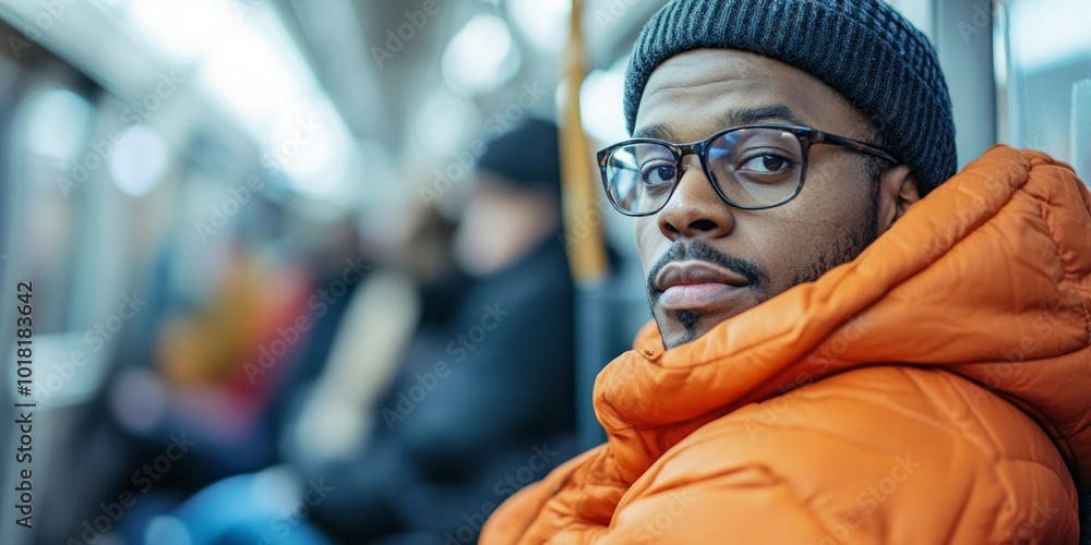 A man sits in a subway train wearing an orange jacket and glasses. He looks thoughtfully at the camera. The scene captures urban life with style and character. AI A man sits in a subway train wearing an orange jacket and glasses. He looks thoughtfully at the camera. The scene captures urban life with style and character. AI
