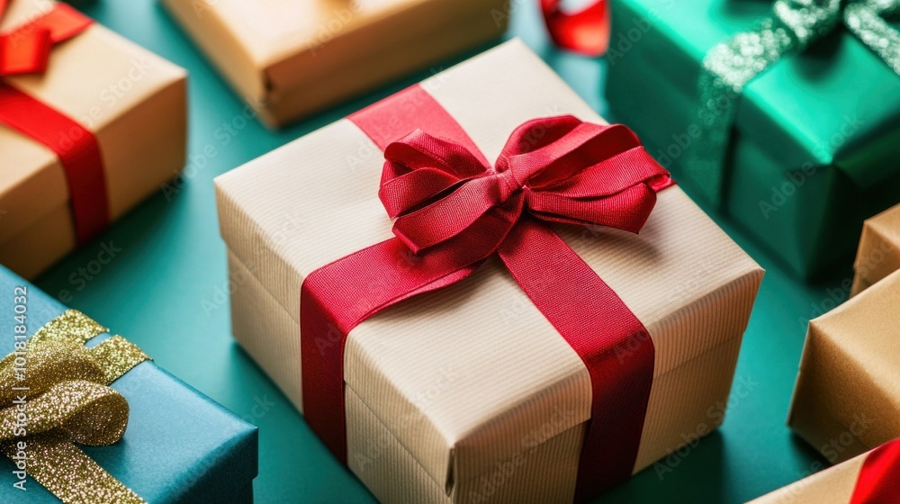 A variety of beautifully wrapped gift boxes in different colors and sizes, adorned with vibrant ribbons, create a joyful atmosphere for celebrations during the holiday season A variety of beautifully wrapped gift boxes in different colors and sizes, adorned with vibrant ribbons, create a joyful atmosphere for celebrations during the holiday season