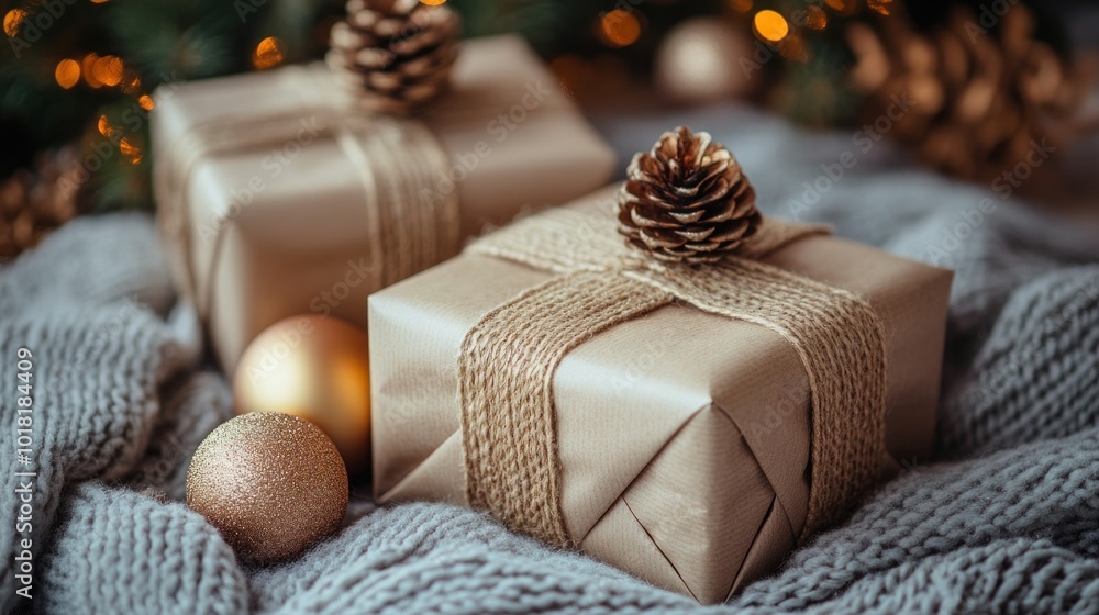 Two elegantly wrapped gifts featuring natural pinecones and decorative ornaments rest on a soft, knitted blanket surrounded by warm, festive lights Two elegantly wrapped gifts featuring natural pinecones and decorative ornaments rest on a soft, knitted blanket surrounded by warm, festive lights