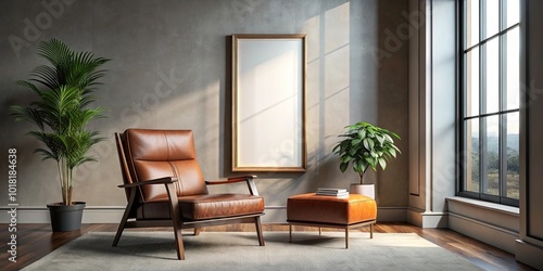 Wallpaper Mural A leather armchair sits beside a large empty frame, bathed in the soft light streaming through the window, inviting relaxation and contemplation. Torontodigital.ca