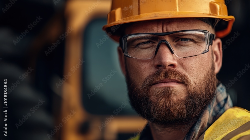 The construction worker, sporting a helmet and protective eyewear, appears serious while standing near heavy equipment, demonstrating commitment to safety on the job The construction worker, sporting a helmet and protective eyewear, appears serious while standing near heavy equipment, demonstrating commitment to safety on the job