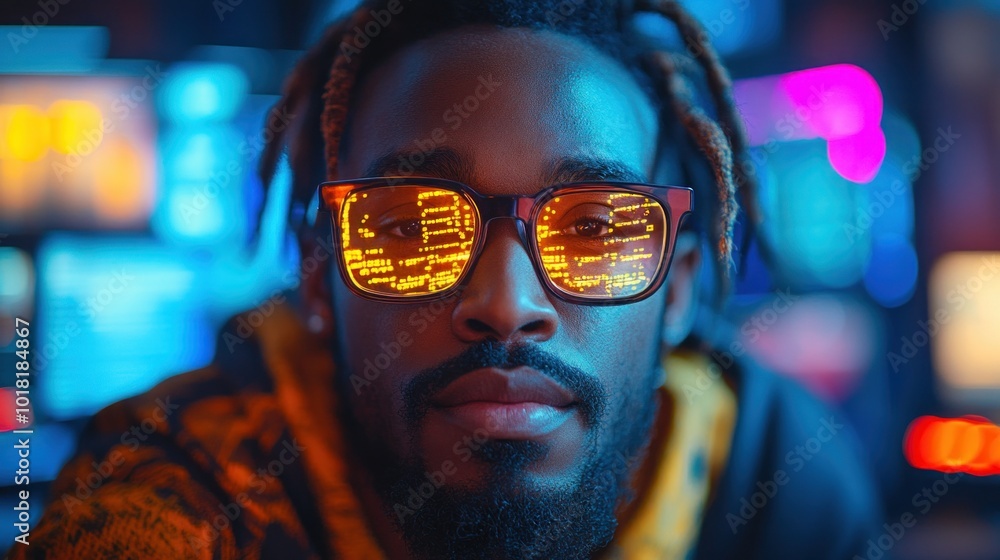 The young man sits in a tech-savvy gaming setup, wearing glasses that display digital codes in vibrant colors, surrounded by screens and neon lights, creating an immersive atmosphere The young man sits in a tech-savvy gaming setup, wearing glasses that display digital codes in vibrant colors, surrounded by screens and neon lights, creating an immersive atmosphere