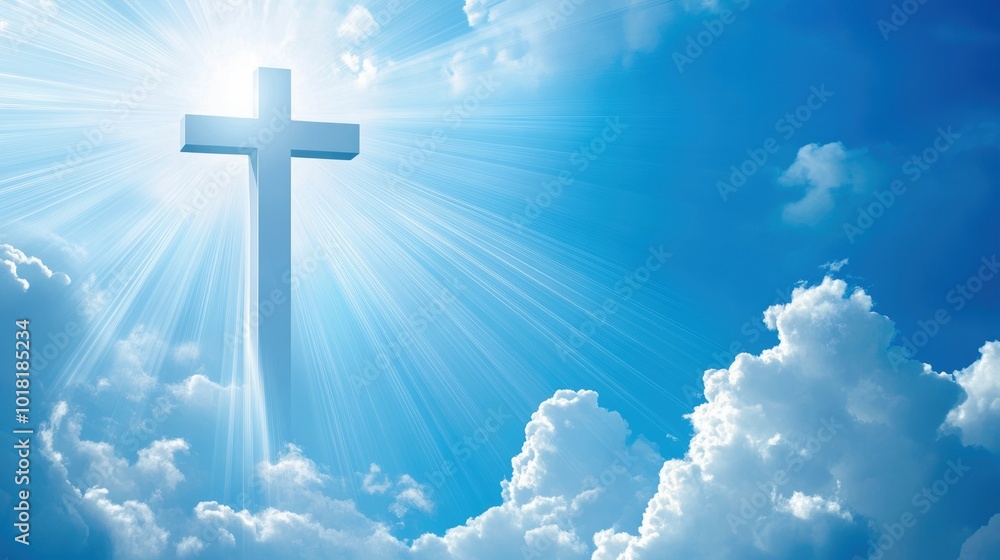 A radiant cross against a bright blue sky with heavenly rays and fluffy clouds, symbolizing hope and spirituality. A radiant cross against a bright blue sky with heavenly rays and fluffy clouds, symbolizing hope and spirituality.