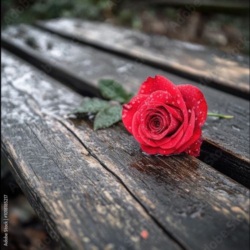 A single vibrant red rose placed on a rustic wooden bench in a serene outdoor garden, with petals glistening with raindrops