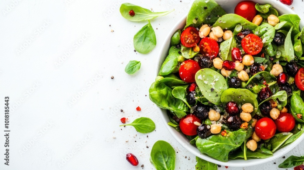 A vibrant bowl of fresh salad featuring spinach, cherry tomatoes, chickpeas, and black olives, garnished with spices, ideal for a nutritious and delicious meal A vibrant bowl of fresh salad featuring spinach, cherry tomatoes, chickpeas, and black olives, garnished with spices, ideal for a nutritious and delicious meal