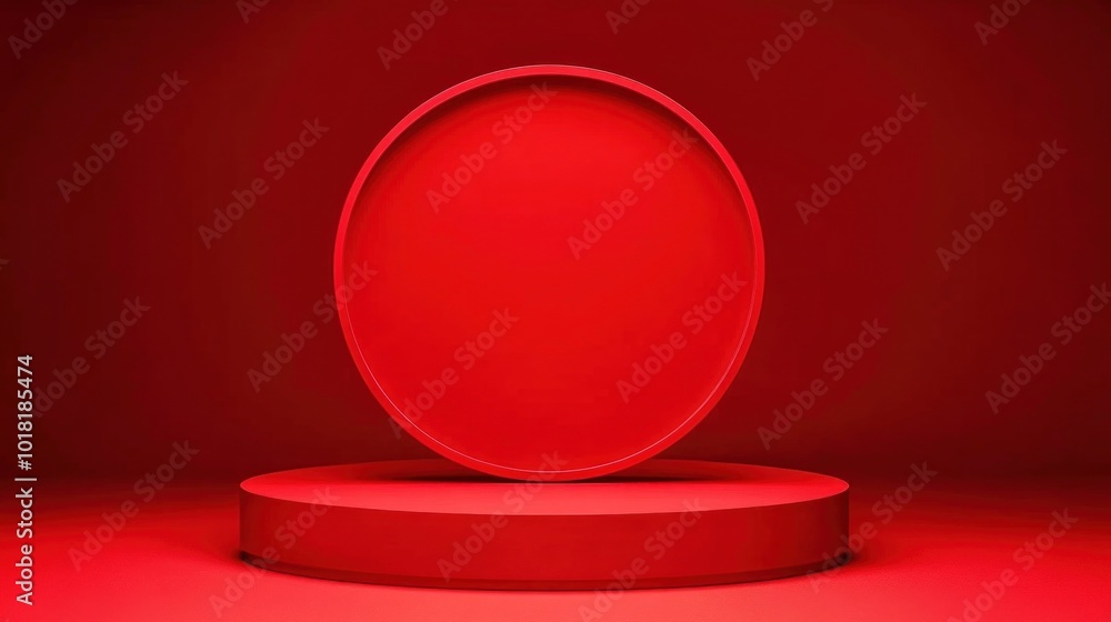 The setup features a smooth circular podium in a vibrant red hue, surrounded by a contrasting solid red background, creating a striking and unified visual effect The setup features a smooth circular podium in a vibrant red hue, surrounded by a contrasting solid red background, creating a striking and unified visual effect