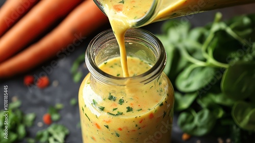 Pouring homemade creamy salad or soup dressing into a glass jar surrounded by fresh spinach and carrots on a dark kitchen table. Drinkable food