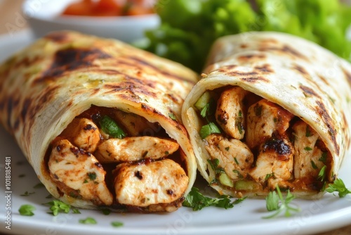 Two delicious chicken wraps sitting on a white plate