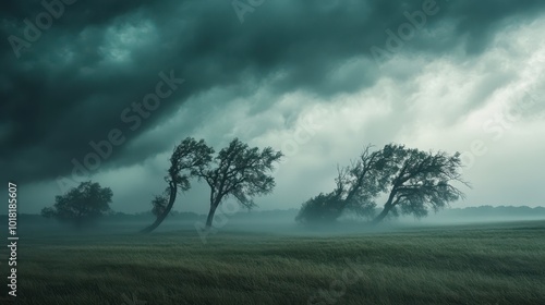 Heavy rain and wind bending trees as a powerful storm rolls through a rural landscape