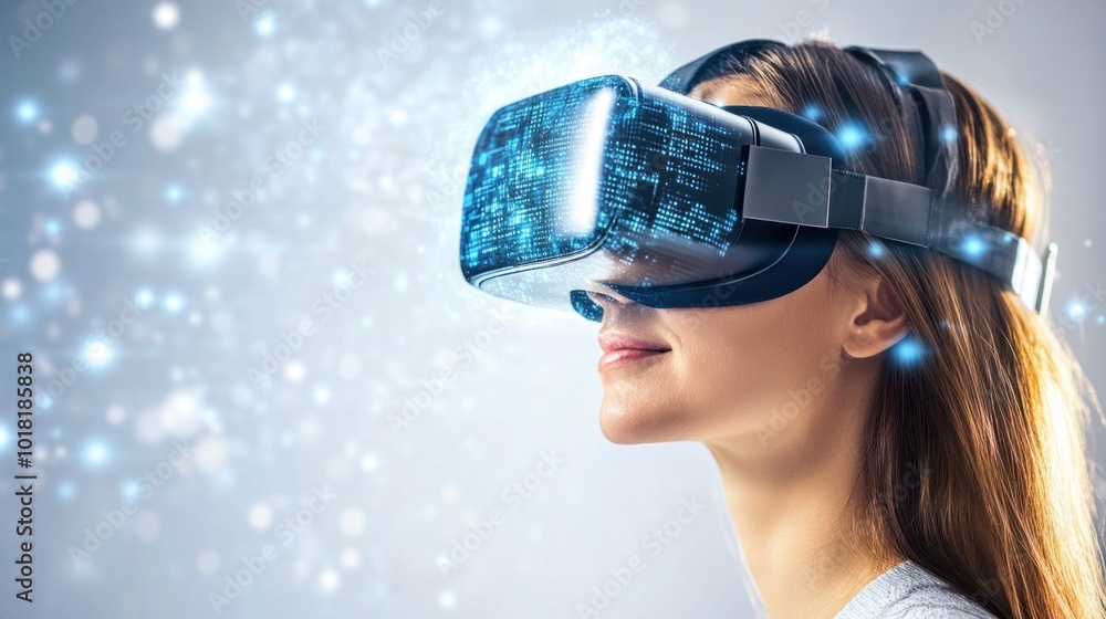A woman is engaged in a cutting-edge technology experience as she wears a virtual reality headset, surrounded by a bright and immersive backdrop filled with sparkling digital elements A woman is engaged in a cutting-edge technology experience as she wears a virtual reality headset, surrounded by a bright and immersive backdrop filled with sparkling digital elements