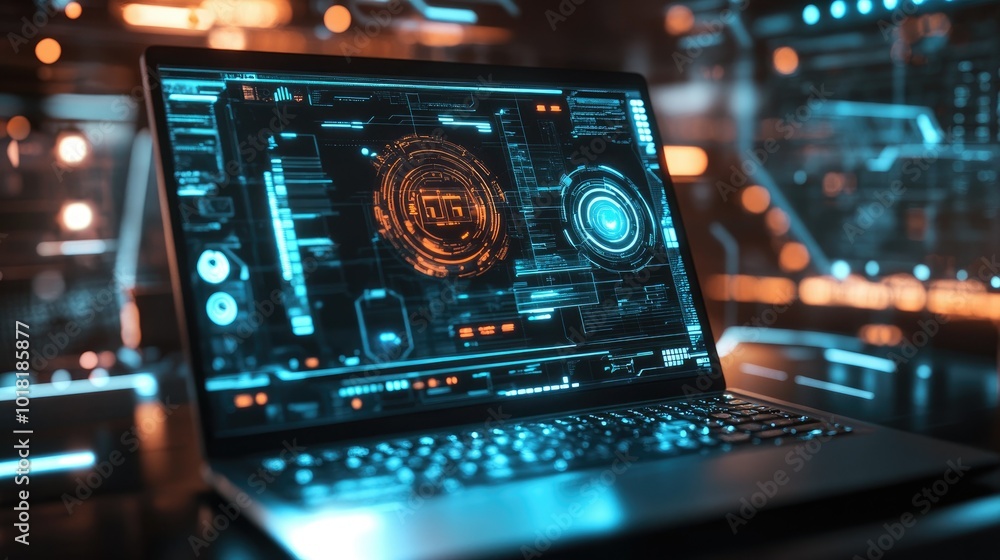 A sleek laptop with a glowing screen displaying a futuristic digital interface, surrounded by high-tech holographic elements A sleek laptop with a glowing screen displaying a futuristic digital interface, surrounded by high-tech holographic elements