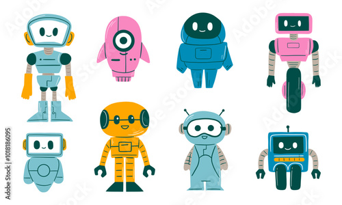 Cute Robot Character Collection. A fun collection of eight cute robot characters in various styles and designs, perfect for sci-fi, tech, or playful design projects