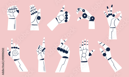 Robotic Hand Gesture Collection. A set of 10 robotic hand gestures showcasing various expressive movements, perfect for tech, artificial intelligence, or futuristic designs