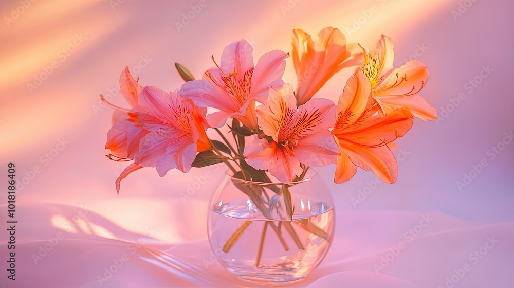A soft and delicate arrangement of pink and orange flowers in a glass vase, with warm lighting gently illuminating the petals A soft and delicate arrangement of pink and orange flowers in a glass vase, with warm lighting gently illuminating the petals
