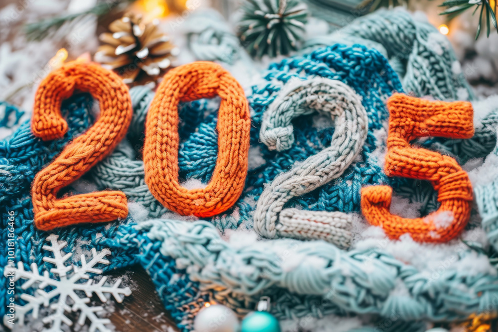 2025 crocheting numbers, new year knitting greet card, clothes texture celebrate banner, woven eve 2025 crocheting numbers, new year knitting greet card, clothes texture celebrate banner, woven eve