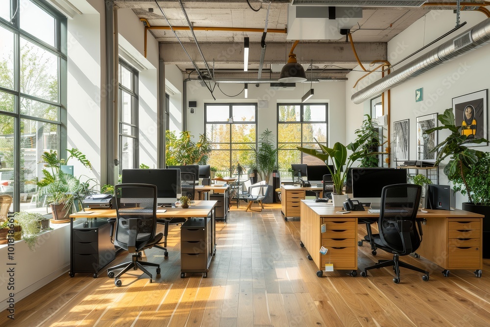 Modern office interior design featuring desks and computers in an open space with large windows, wooden flooring, and industrial ceiling lights. Modern office interior design featuring desks and computers in an open space with large windows, wooden flooring, and industrial ceiling lights.