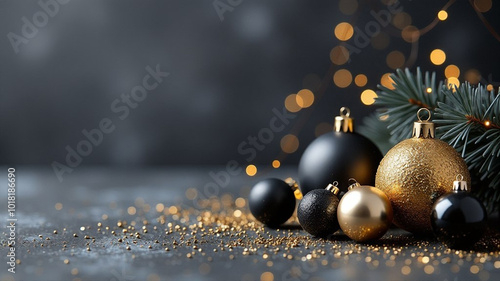 Christmas decoration with gold and black balls on dark background. Copy space