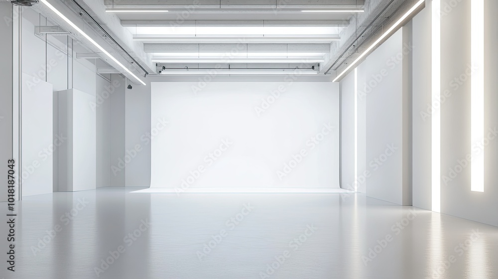 A spacious photo studio with a clean white cyclorama wall, monoblocks, and softboxes arranged for a professional shoot A spacious photo studio with a clean white cyclorama wall, monoblocks, and softboxes arranged for a professional shoot