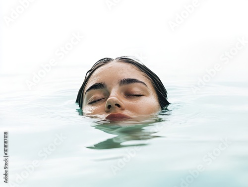 Woman submerged in water, eyes closed, symbolizing drowning in stress and fatigue, with calm waters representing elusive peace photo