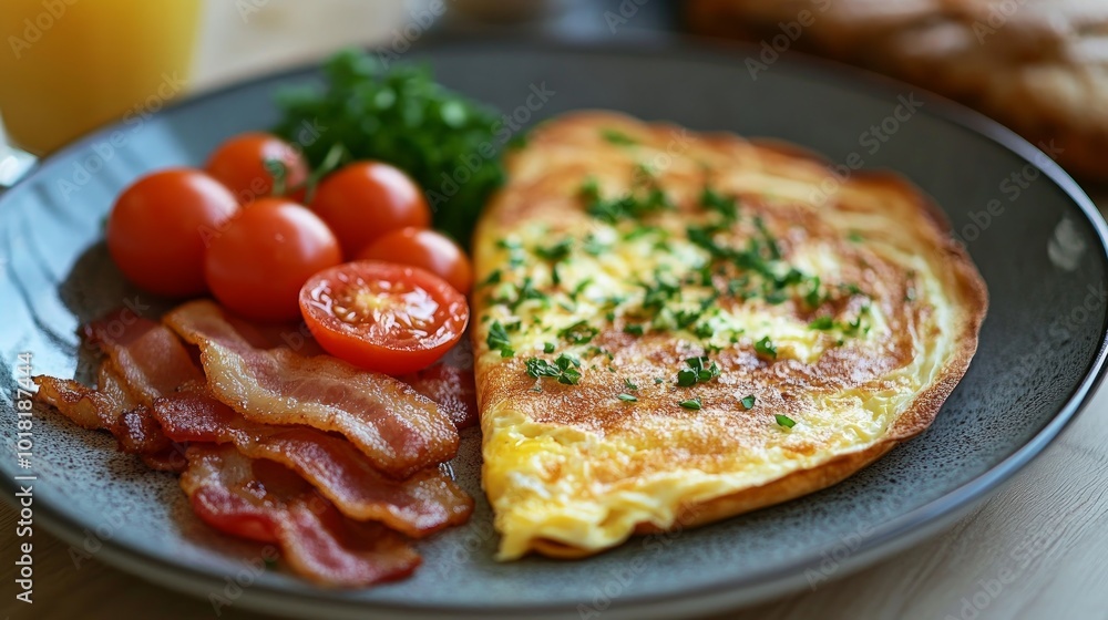 A delicious breakfast of an omelet with bacon, cherry tomatoes, and fresh herbs on a blue plate. A delicious breakfast of an omelet with bacon, cherry tomatoes, and fresh herbs on a blue plate.