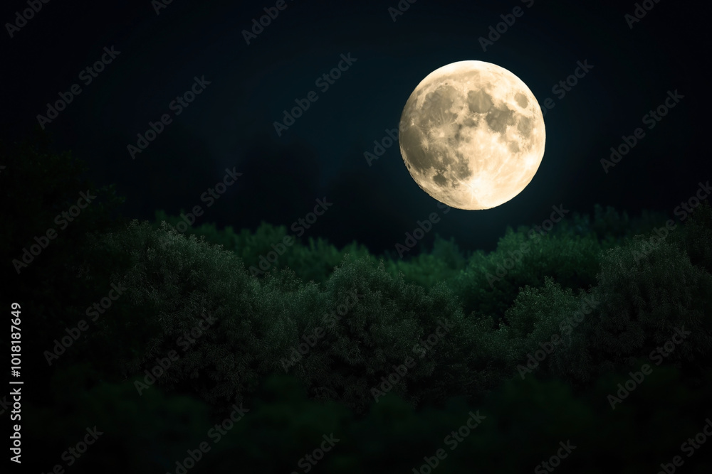 Full moon rising above dark forest trees at night, casting soft light and illuminating the landscape under a clear night sky. Full moon rising above dark forest trees at night, casting soft light and illuminating the landscape under a clear night sky.