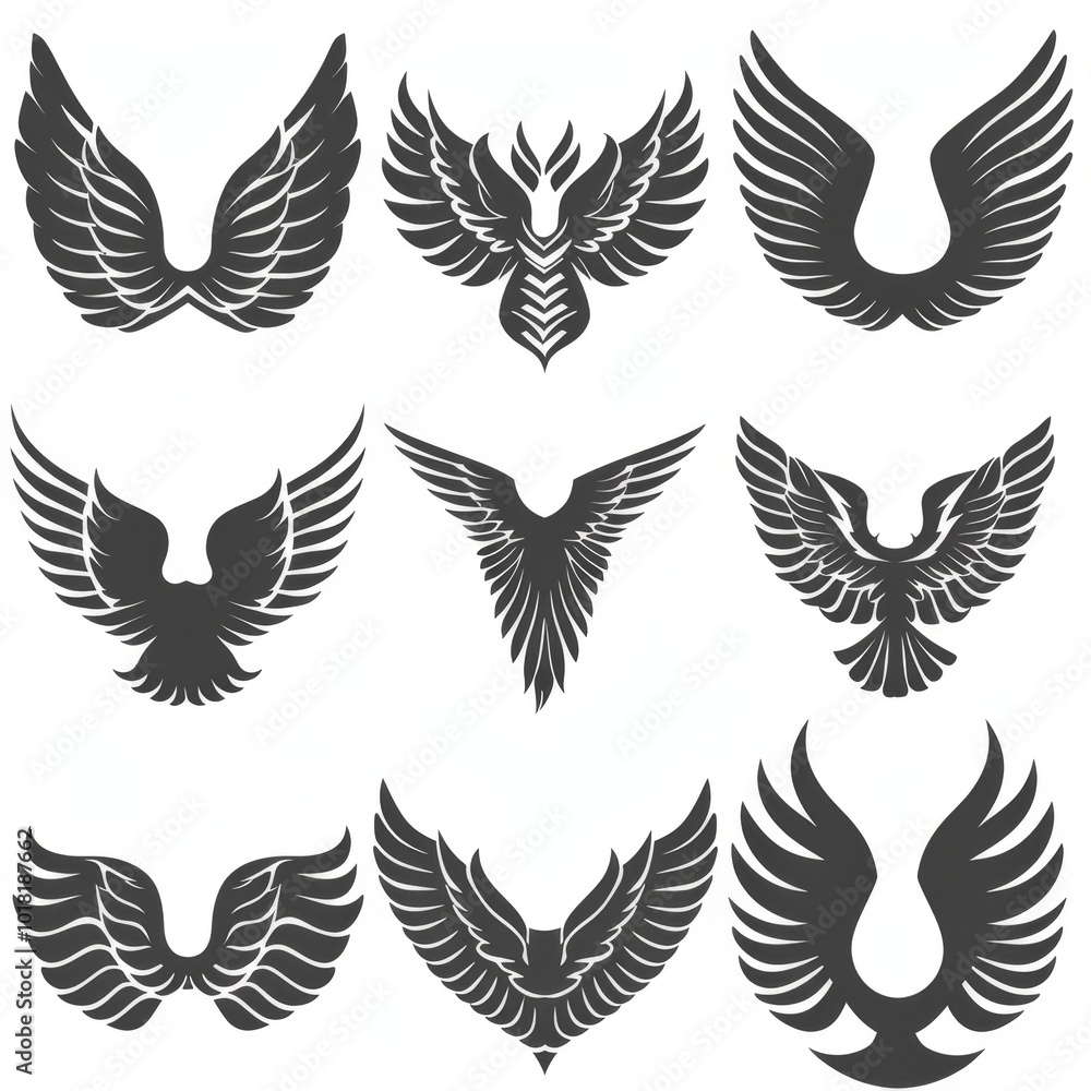 Wings flat icon, angel wings emblem, bird feathers minimal silhouette, pigeon sign, spirituality symbol Wings flat icon, angel wings emblem, bird feathers minimal silhouette, pigeon sign, spirituality symbol