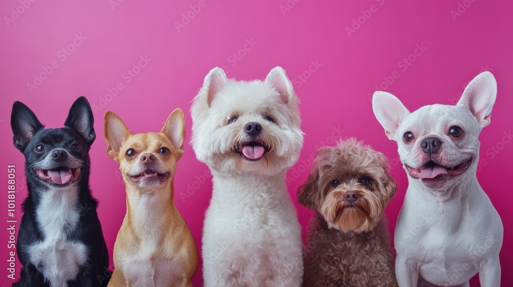 Five Smiling Dogs of Different Breeds, Perfectly Groomed and Facing the Camera, Against a Vibrant Pink Background. Five Smiling Dogs of Different Breeds, Perfectly Groomed and Facing the Camera, Against a Vibrant Pink Background.