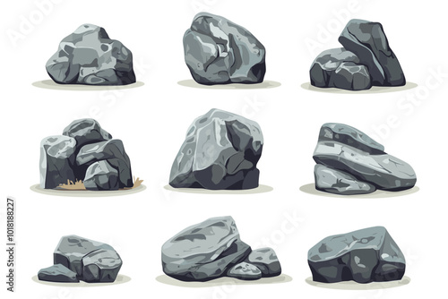 Vector illustration set of rocks gravel stones and boulders Drawings of Pebble piles. Heavy cobblestones and granite rubble