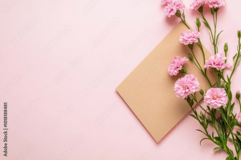 Beautiful pink carnations beside a blank card on a soft pink background, perfect for floral arrangements and greeting cards. Beautiful pink carnations beside a blank card on a soft pink background, perfect for floral arrangements and greeting cards.