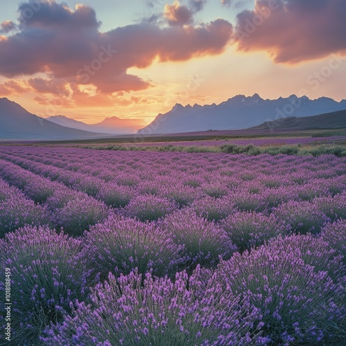 A sprawling field of blooming lavender, with rows of purple flowers extending toward a sunset-lit mountain range in the distance