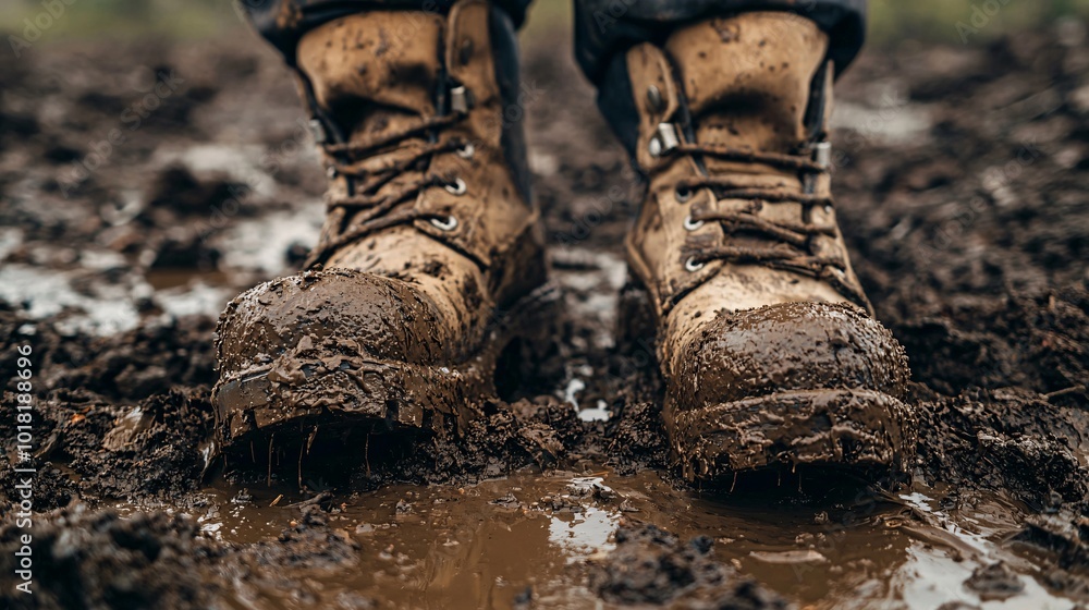 Close-up of Worn Muddy Boots Standing Firmly Close-up of Worn Muddy Boots Standing Firmly