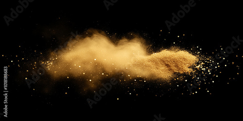 Golden dust and sand texture, scattered gold dust, sand effect on a black background.