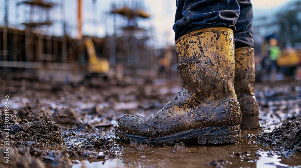 Close-up of Worn Muddy Boots Standing Firmly Close-up of Worn Muddy Boots Standing Firmly