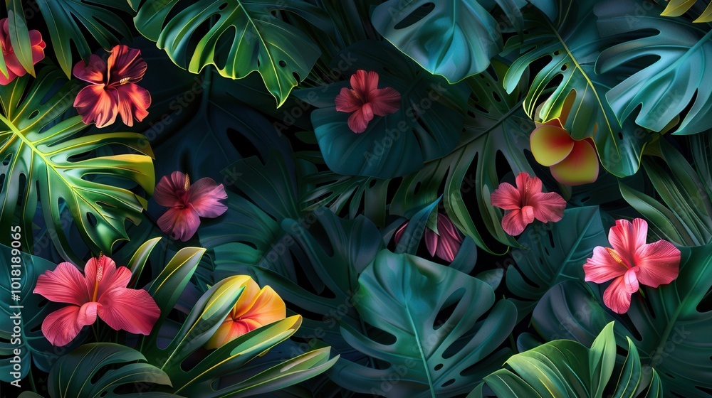 Lush tropical foliage features oversized green leaves and vividly colored flowers, showcasing the beauty of a vibrant ecosystem. Generative AI Lush tropical foliage features oversized green leaves and vividly colored flowers, showcasing the beauty of a vibrant ecosystem. Generative AI