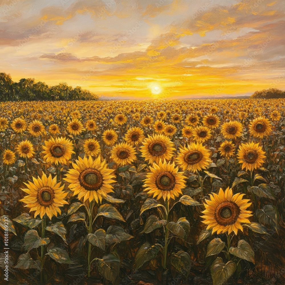 Obraz premium A sprawling field of sunflowers with tall yellow blooms, facing the sun as it sets in the distance