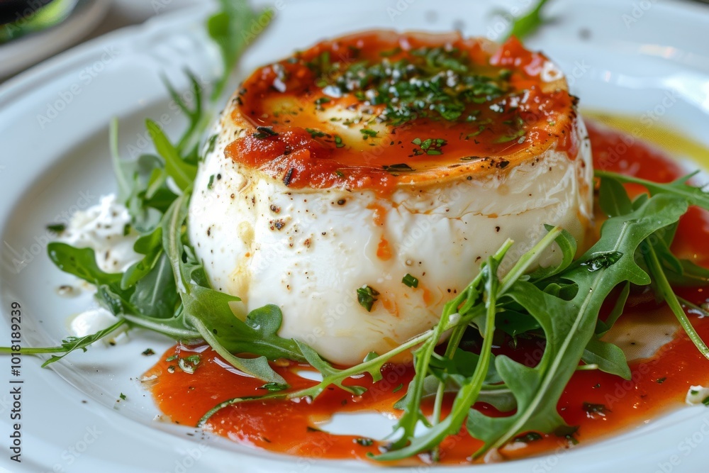Φωτογραφία Baked Burrata Cheese, Fried Italian buffalo milk Cheese with Tomato Sauce, Fresh