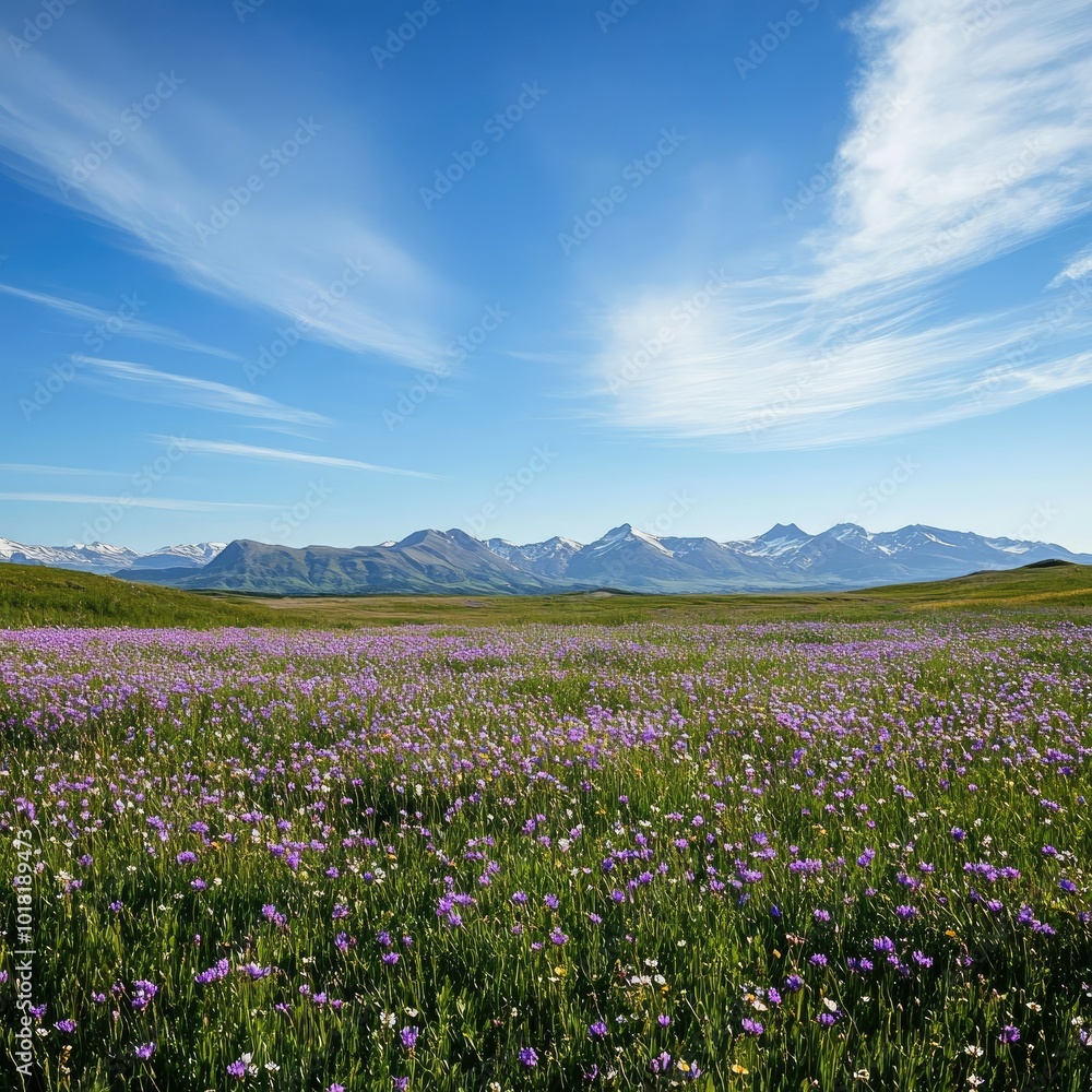 A sprawling meadow filled with purple wildflowers, framed by distant mountains and a bright blue sky overhead