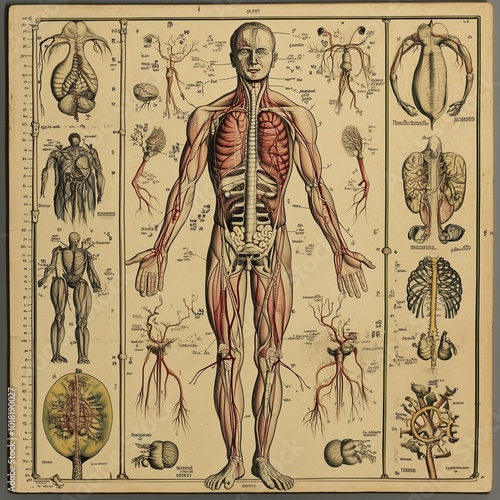 Vintage anatomical chart showing the human body with muscle structure and internal organs in a detailed scientific illustration