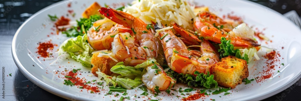 Caesar Salad, Cesar Salat or Barbecue Shrimps Ceasar with Green Lettuce, Grated Parmesan Cheese Caesar Salad, Cesar Salat or Barbecue Shrimps Ceasar with Green Lettuce, Grated Parmesan Cheese