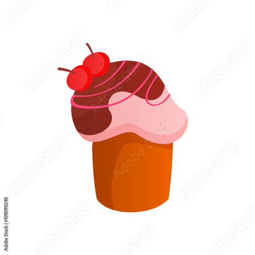 Cupcake with cream, chocolate glaze and cherry on top, dessert from cafe vector illustration