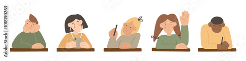 Students sit at the desks. Vector cartoon illustration of boys and girls study at school. Kids on lesson in classroom.