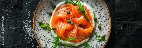 Millefeuille with Cream Cheese Mousse, Arugula and Capers Top View, Exquisite Trout Sashimi of Sliced Red Fish photo