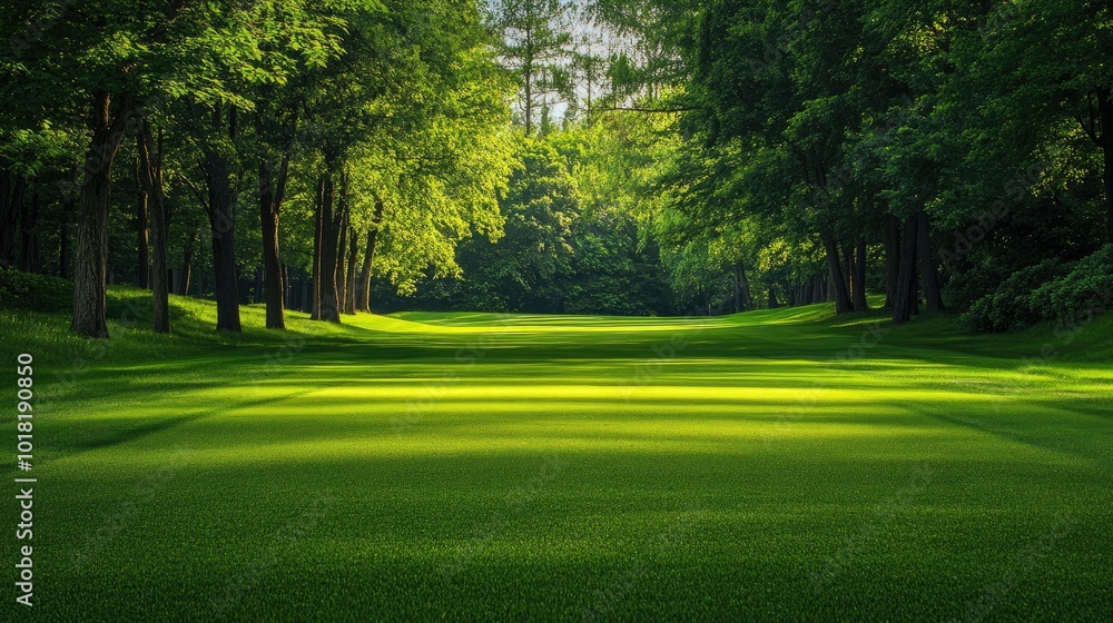 A stunning view of a golf field featuring rich green grass and surrounding wooded areas, perfect for relaxation.